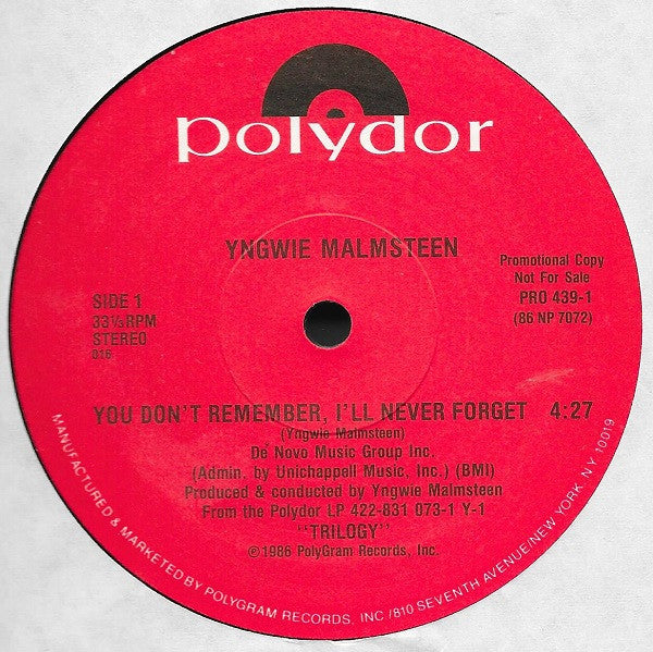 Yngwie Malmsteen : You Don't Remember, I'll Never Forget (12", Promo)