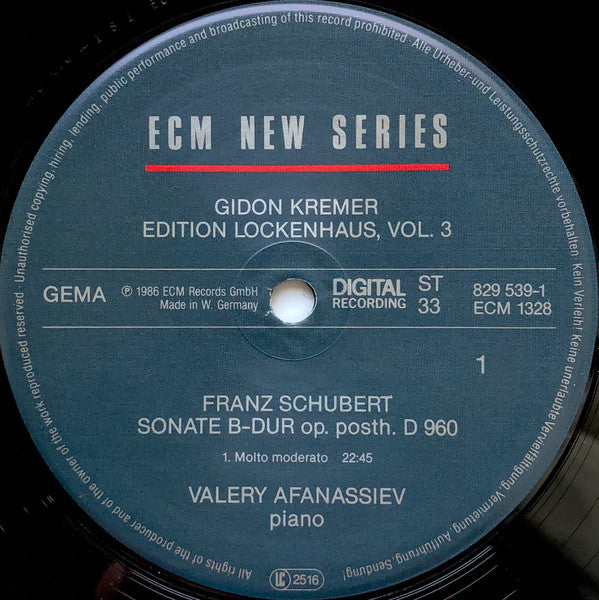 Gidon Kremer / Franz Schubert / Valery Afanassiev ‎– Edition Lockenhaus Vol. 3 / Sonate B-Dur Op. Posth. D 960